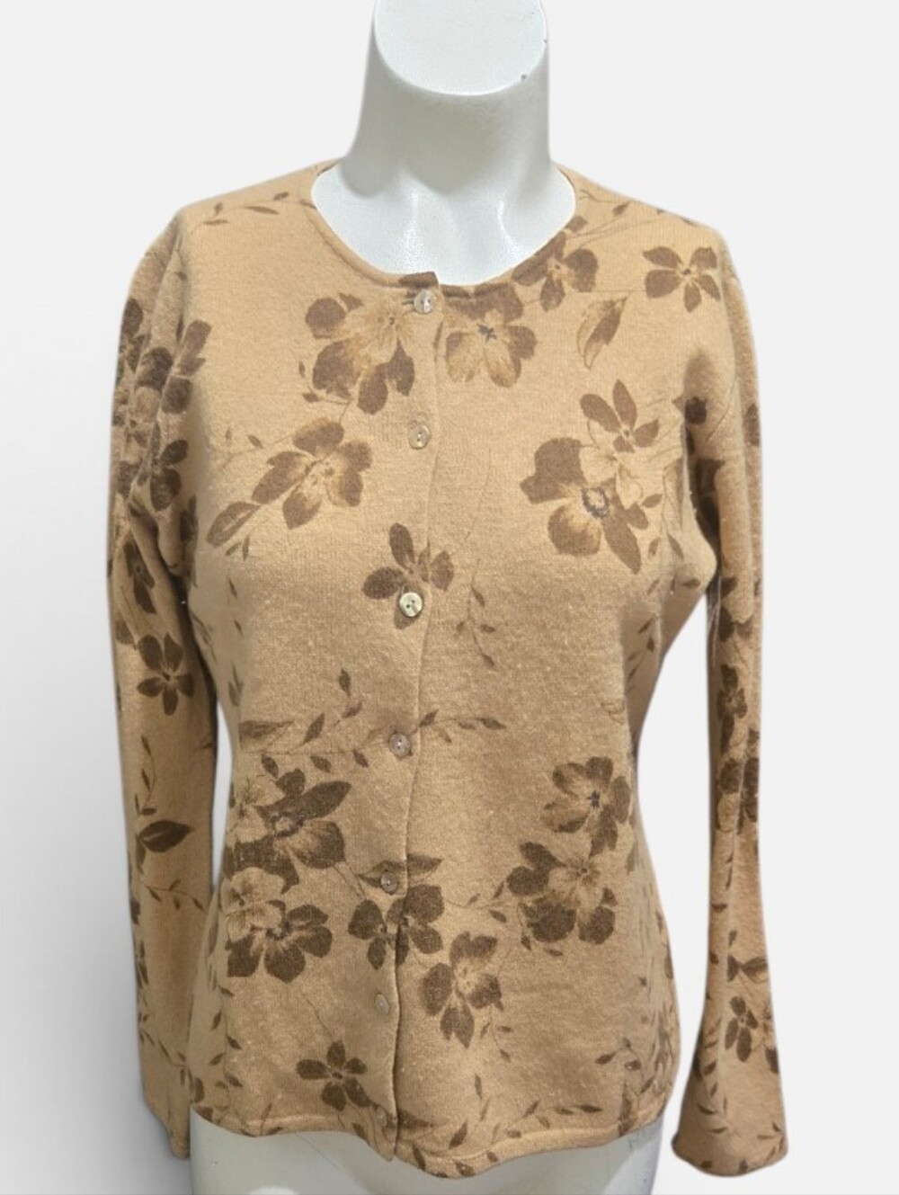 Carole Little Brown Tan Lambswool Angora Floral Cardigan Sweater Small